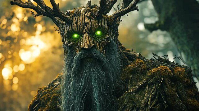 A powerful tree like forest guardian with glowing green eyes, made of bark and moss, stands in a magical woodland setting at dusk.