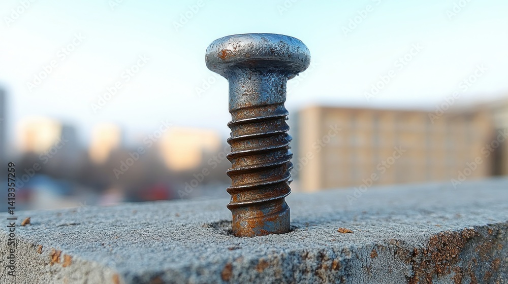 Poster rusty bolt embedded in concrete. close-up of a weathered metal bolt set in a block of gray concrete.