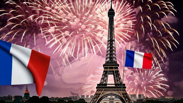 Spectacular fireworks illuminate eiffel tower with french flags waving in celebration. Bastille Day. France - Powered by Adobe