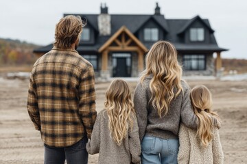 Naklejka premium Young family looking at their new home standing, real estate purchase.
