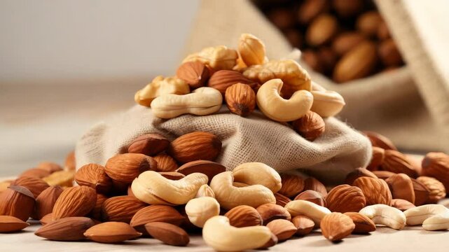 Different types of nuts with an organic fabric bag on the table. Almond, cashew and walnut mix.