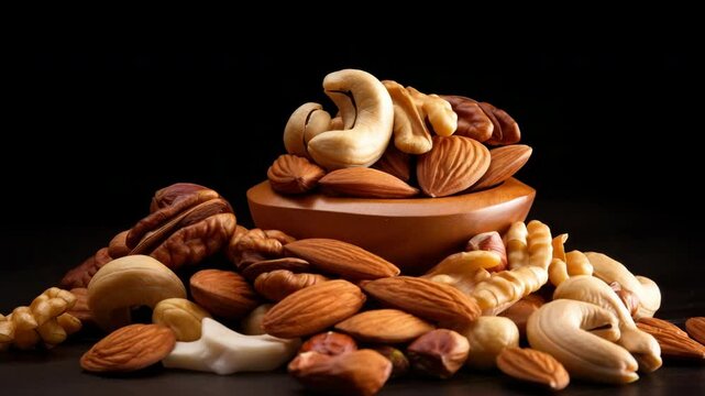 A bunch of different types of nuts in a wooden plate on a black background. Almond, cashew and walnut mix.