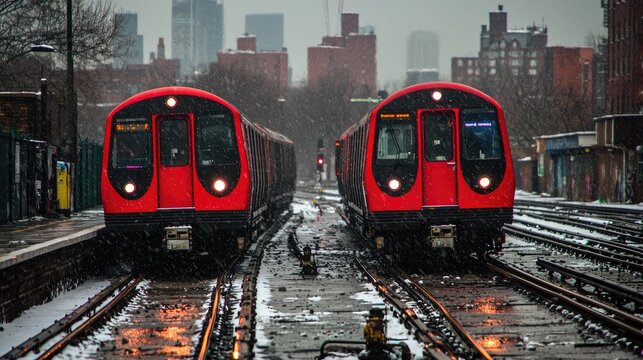 Two red subway trains on a snowy platform