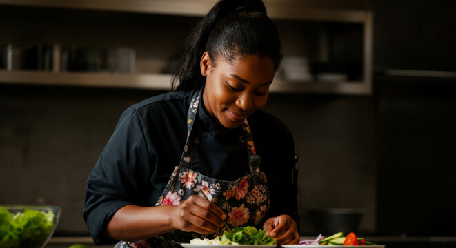 African female chef preparing salad in professional kitchen setting