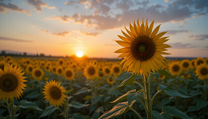 Obraz premium Stunning Sunset Over a Sunflower Field