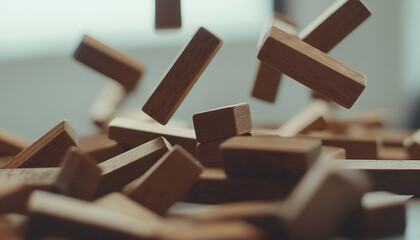 Domino effect. Wooden blocks falling on white table, close-up