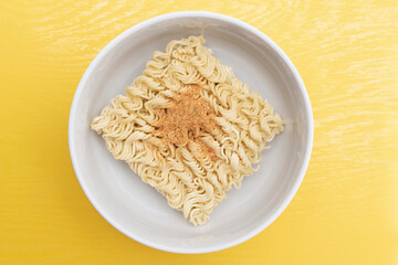 Top view of instant noodles in a bowl