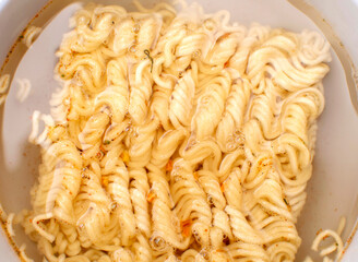 Top view of instant noodles in a bowl