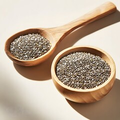 Wooden Bowl and Spoon with Chia Seeds, Healthy Food Photography