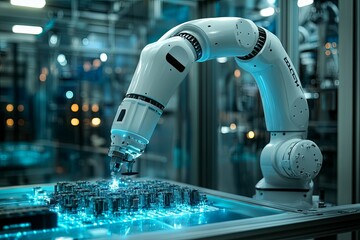 Automated robotic arm placing components on a circuit board