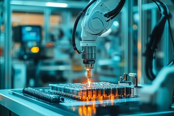 Automated industrial robotic arm working with precision and glowing components
