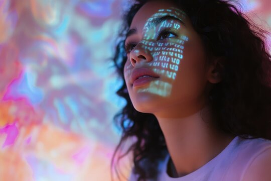 A young woman's face is illuminated with a projection of binary code, creating a futuristic and artistic effect.