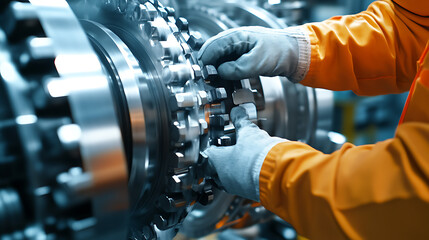 Oil rig technician inspecting machinery components during routine maintenance. Featuring machinery inspection