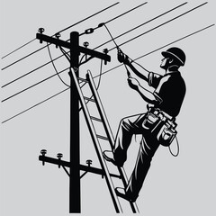 Electrician fixing power lines image silhouette vector art and illustration