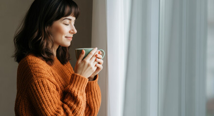 Asian young woman relaxing with warm drink by window in cozy sweater