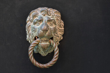 Close-up of an antique door knocker representing a lion's head holding a circle between the jaws on a dark green wooden door, Venice, Veneto, Italy