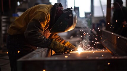 Construction worker welding metal beams in a workshop setting. Featuring technique and precision
