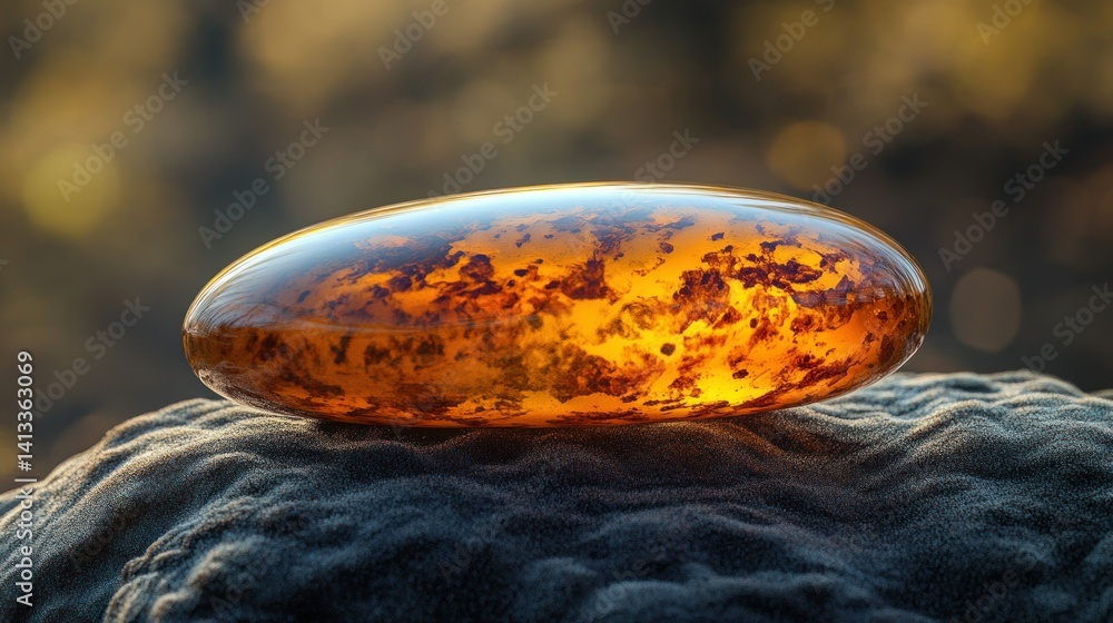 Aufkleber smooth, amber-colored gemstone resting on a textured surface. intricate patterns within the stone