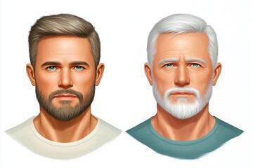 Character age progression illustration showing same person at 40 and 60 years old, realistic