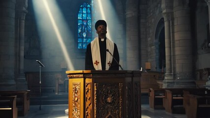 Solemn clergyman delivering a sermon at a wooden carved podium inside a grand stone church with stained glass and streaming sunbeams.