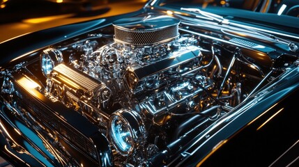 A perfectly restored V8 muscle car engine, chrome gleaming under bright lights --ar 16:9 --v 6.1 Job ID: 4ab8c125-ac7c-482c-8e86-8151eebbcc1a