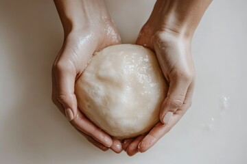 Fototapeta premium Soft, smooth dough ball gently cradled in hands, ready for baking.