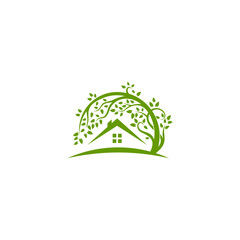 Eco-friendly house logo in green color, featuring a simple house icon surrounded by circular natural elements like leaves and curved hills. The design promotes sustainable living, green building, and 