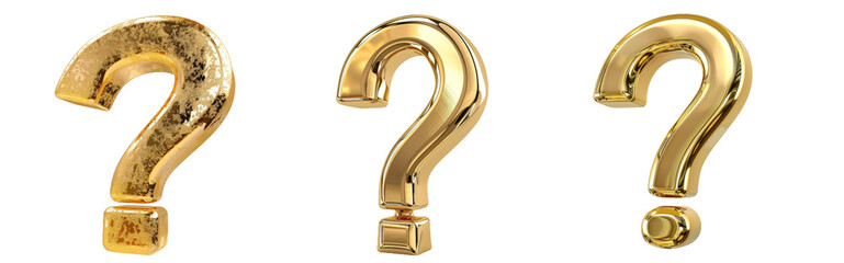 Three shiny golden question marks in different textures and styles displayed together