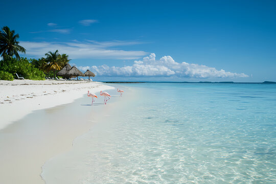Pink flamingos walking on tropical white sand beach with turquoise water
