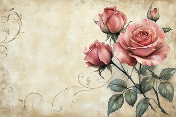 Beautiful watercolor artwork depicts blooming roses and detailed floral embellishments