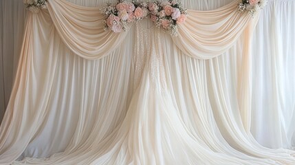 Elegant Wedding Backdrop with Peach Draping and Floral Decorations