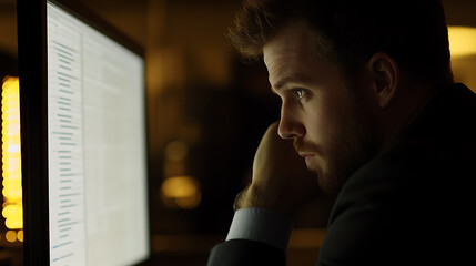 Petroleum engineer analyzing well data on a computer at a control center. Featuring data analysis