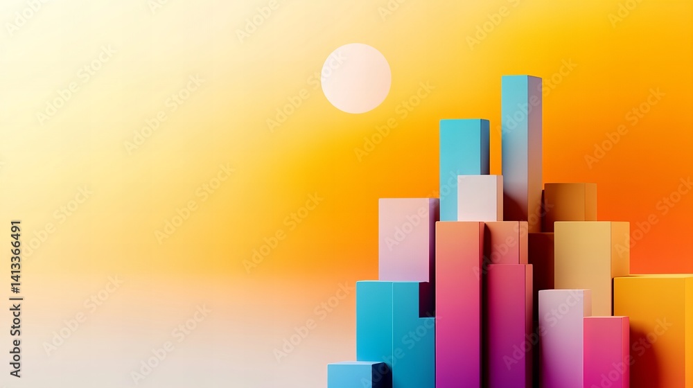 Poster abstract geometric blocks ascend against an orange gradient background with a circular shape, creati