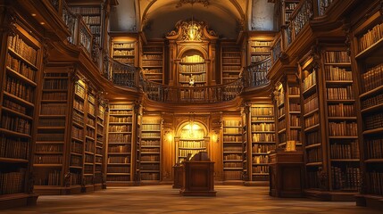 Magnificent Antique Library Interior Rich Wooden Bookshelves Filled with Old Books Golden Lighting Classic Architecture Historical Building Elegant   