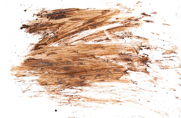 Wet mud, stains texture isolated on white background, top view	