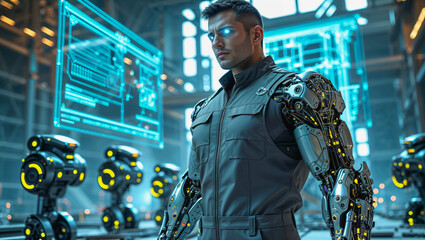 AI-generated images of a cybertronic humanoid robot working on an intergalactic spaceship