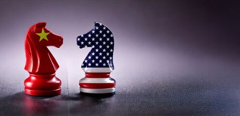 China vs. USA trade war symbolized by two opposing chess pieces on a plain grey backdrop
