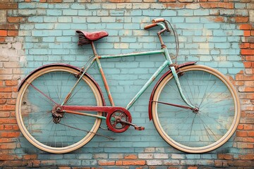 An Old Bicycle Leaning Against a Weathered Painted Brick Wall
