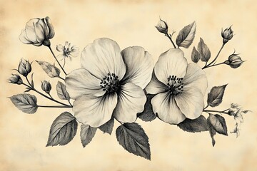 Artistic pencil sketch depicting elegant flowers with delicate leaves and buds