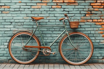 A vintage bicycle leans casually against a weathered brick wall