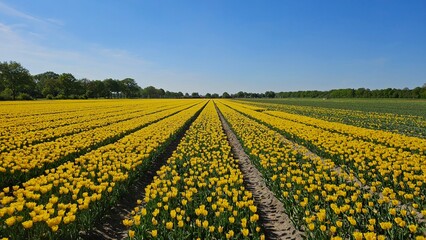 Rows of yellow tulips in a field in the Netherlands on a sunny, blue sky day. Flowers in nature.