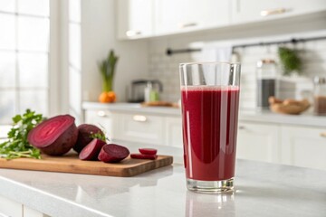 A big glass of beet juice on a clear kitchen and a shallow depth of field - generated by ai