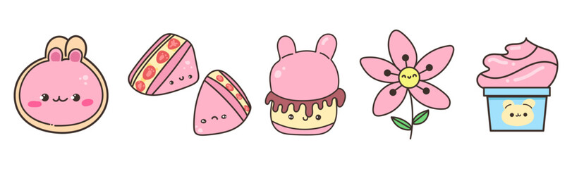 Kawaii Easter clipart set with cute bunny, sweets, cupcake, flower, and spring icons. Colorful cartoon collection for kids, holidays, and festive design projects