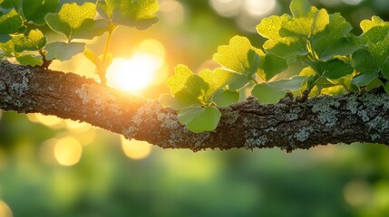 Obraz premium Sunlight streams through fresh spring leaves on a branch