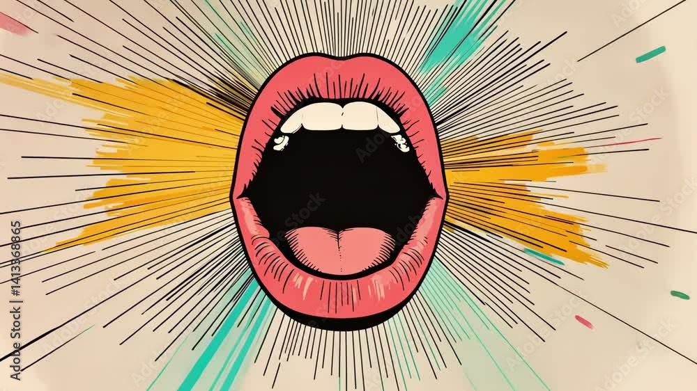 Poster Pop art style illustration featuring an open mouth shouting, surrounded by a sunburst pattern and colorful splashes, creating a vibrant and dynamic visual