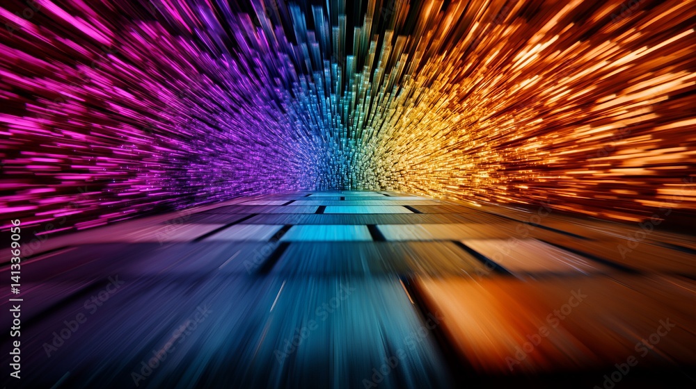 Poster abstract light streaks emanate outwards, creating a colorful tunnel effect with vibrant gradients on
