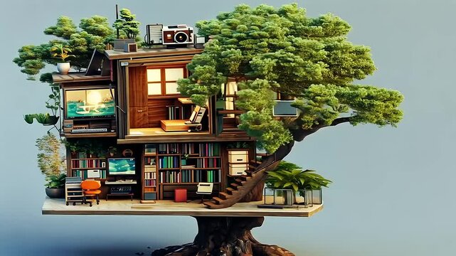 Creative treehouse design featuring a cozy interior with bookshelves and technology