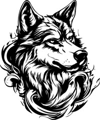 Fototapeta premium animal, wolf, vector, head, dog, illustration, tattoo, lion, wild, cartoon, wildlife, mammal, face, black, tribal, nature, mascot, predator, cat, bear, design, silhouette, beast, drawing, tiger