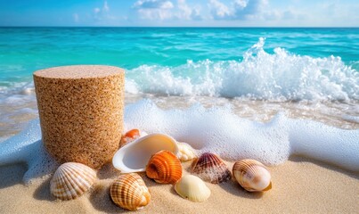 Fototapeta premium Seashells on sandy beach with ocean waves, product display