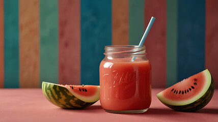 Glass Jar Filled with Watermelon Juice Next to Watermelon Wedges Against Colorful Striped Background

